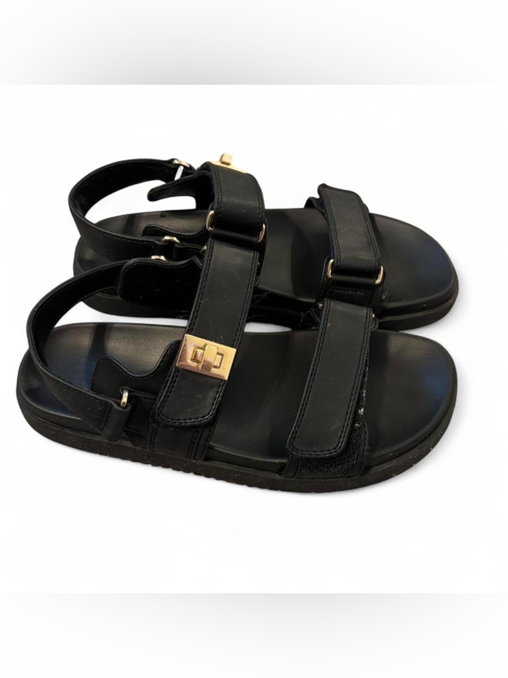 Black Leather Strap Sandals with Gold Hardware